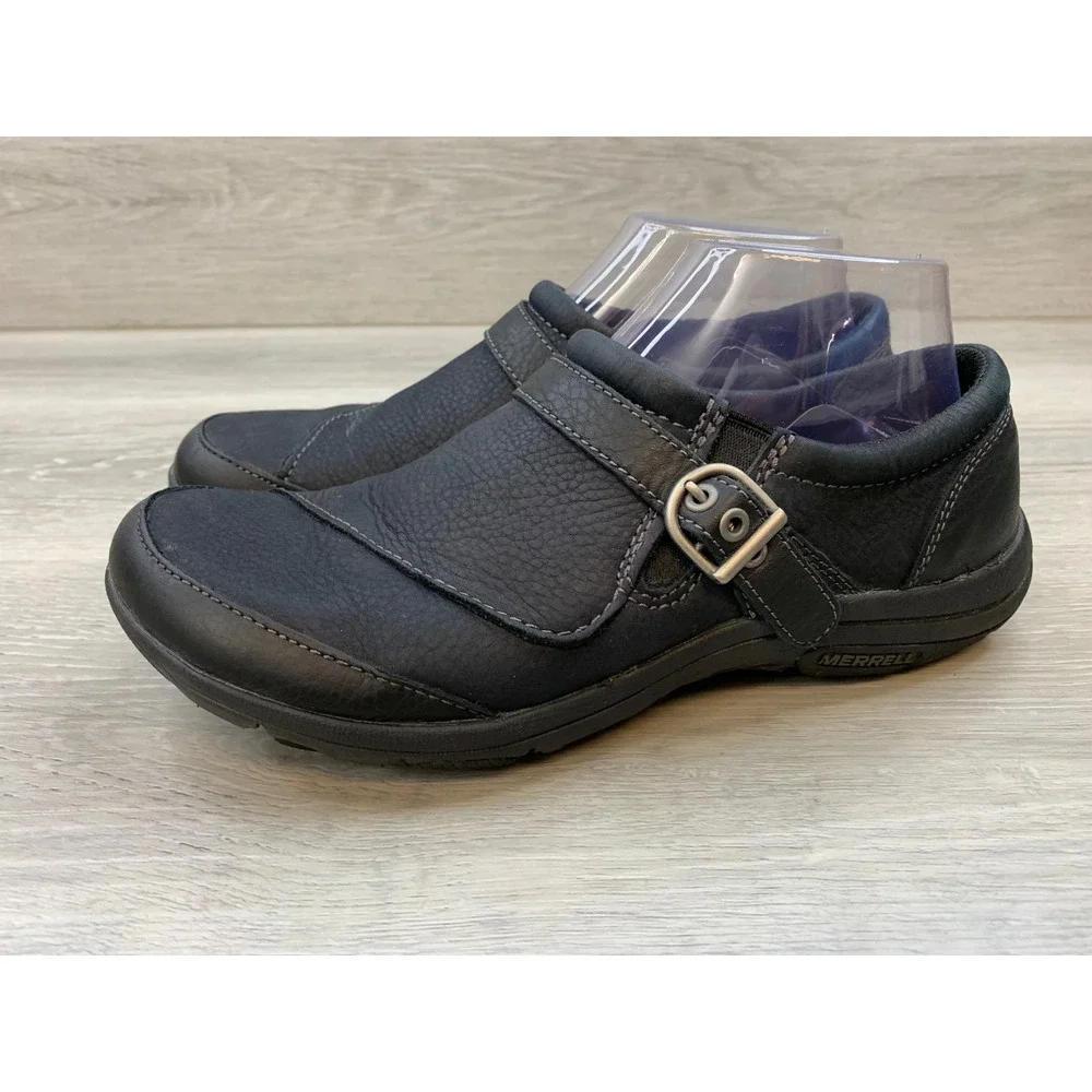 Merrell Women's Black Leather Slip On Buckle Flats Shoes 8 Trail Casual Shoes